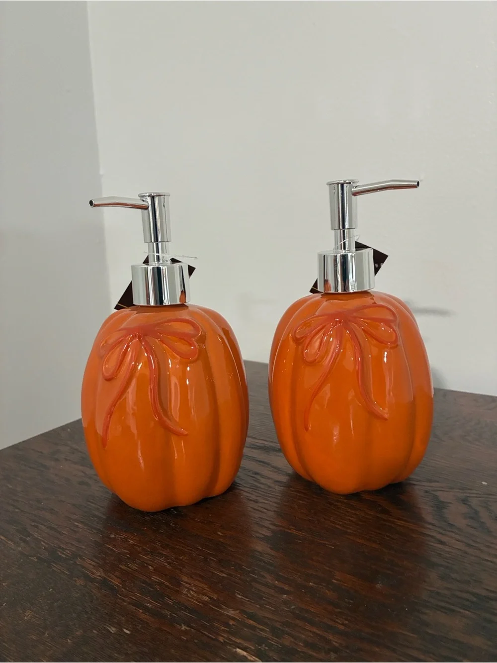 NWT- Set of 2- Orange Ceramic Pumpkin Soap Dispensers w/ Ribbons 18oz